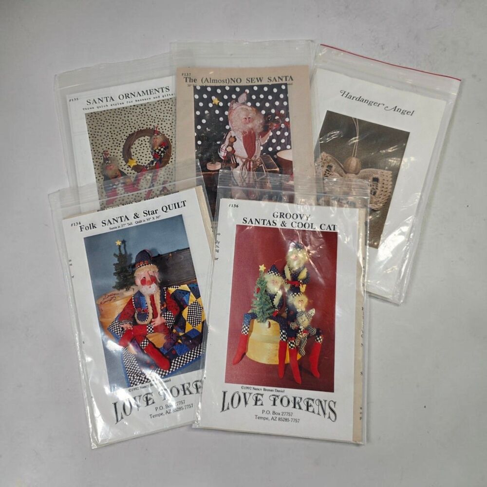 Vintage Love Tokens Folk Art Santa Sewing Patterns Lot 4 + Hardanger Angel 1992